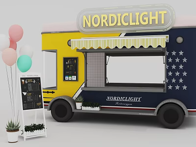 NORDICLIGHT Food Truck With Yellow Blue Exterior Awning Balloons Menu Board And Potted Plants 3d model