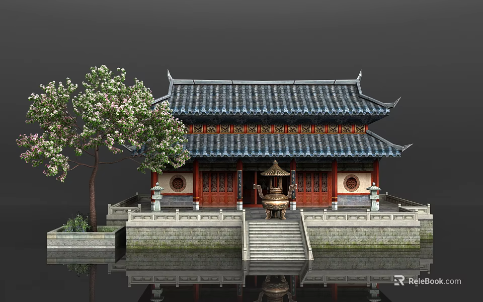 Traditional Chinese Architecture With Tile Roof Red Doors Stone Steps Incense Burner Tree And Reflection 3d model 