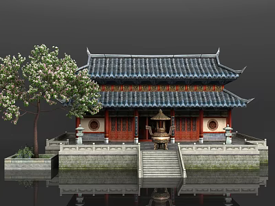 Traditional Chinese Architecture With Tile Roof Red Doors Stone Steps Incense Burner Tree And Reflection 3d model