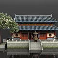 Traditional Chinese Architecture With Tile Roof Red Doors Stone Steps Incense Burner Tree And Reflection