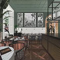 Elegant Restaurant with Large Black and White Botanical Paintings Green Walls White Wainscoting Rattan Furniture