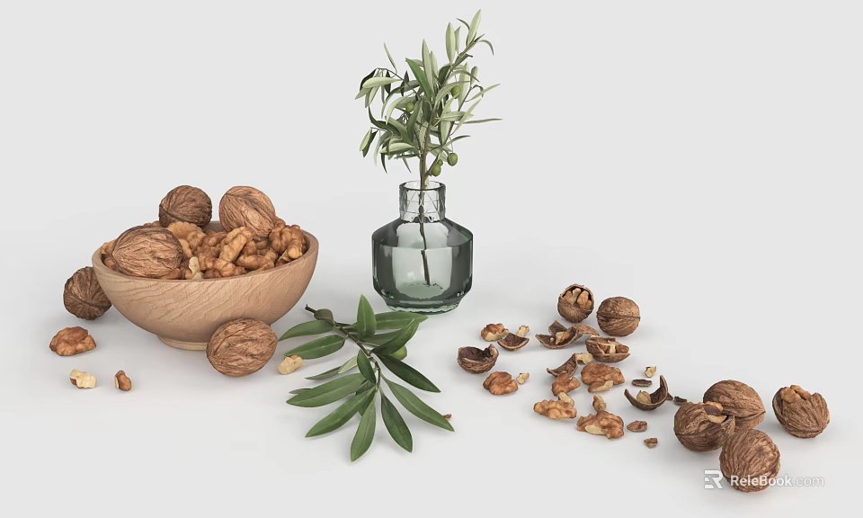 Fresh Walnuts in Wooden Bowl with Scattered Nuts Olive Branch and Glass Vase on Table 3d model 