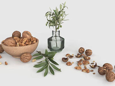 Fresh Walnuts in Wooden Bowl with Scattered Nuts Olive Branch and Glass Vase on Table 3d model