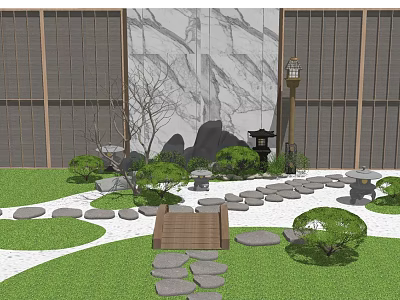 Karesansui Japanese Garden With Stone Path Rock Arrangement Wooden Bridge And Lantern 3d model