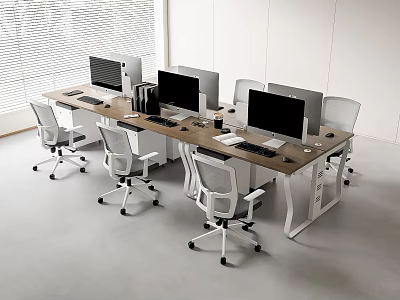 Modern Office Desks With Multiple Computers And Ergonomic Office Chairs In Workspace 3d model
