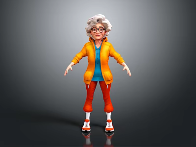 Cartoon Elderly Woman With White Hair Glasses Orange Jacket Blue Shirt Red Pants White Shoes 3d model