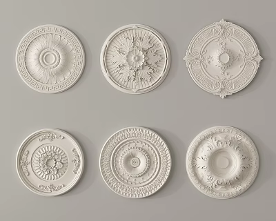 Carved Decorative Medallions with Intricate White Ceiling Design Patterns 3d model
