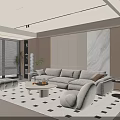 Modern Living Room Interior With Large Sofa Geometric Rug Marble Wall And Natural Light