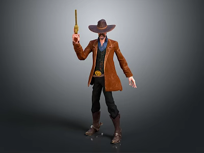 Cowboy Character Wearing Brown Coat And Cowboy Hat Holding Revolver With Black Pants And Boots 3d model