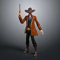 Cowboy Character Wearing Brown Coat And Cowboy Hat Holding Revolver With Black Pants And Boots
