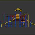 Colorful Playground Structures With Yellow Slide Red Climbing Frames And Blue Swings