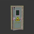 Green Metal Safety Door With Number 7 Small Window Radioactive Warning Sign And Vent