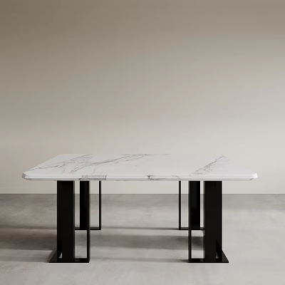 Modern White Marble Top Dining Table With Sleek Black Metal Legs Design 3d model