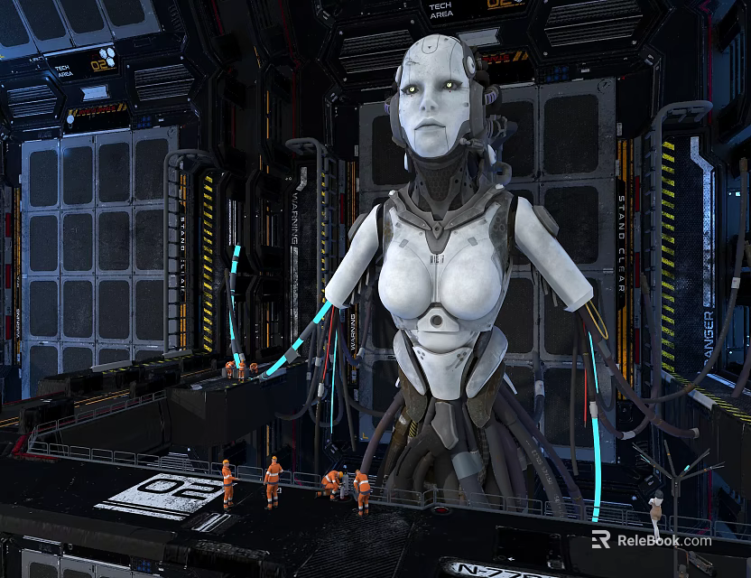 Large White Female Robot In Futuristic Control Room With Small Orange Humanoid Figures And Metallic Cables 3d model 