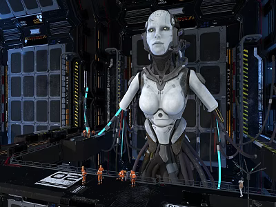 Large White Female Robot In Futuristic Control Room With Small Orange Humanoid Figures And Metallic Cables 3d model