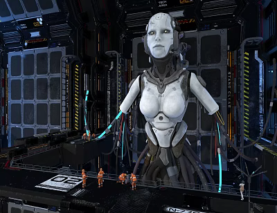 Large White Female Robot In Futuristic Control Room With Small Orange Humanoid Figures And Metallic Cables 3d model