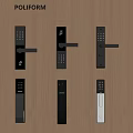 Various Smart Door Locks With Black And White Designs On Wooden Background