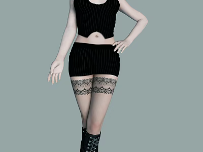 Woman Posing in Black Sleeveless Top Striped Skirt and Lace Thigh High Stockings with Boots 3d model