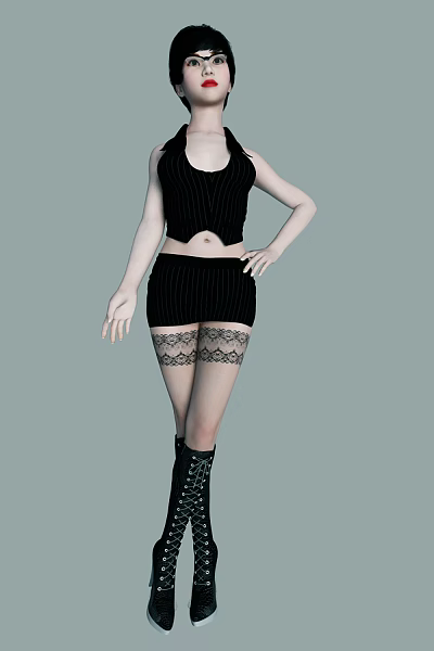 Woman Posing in Black Sleeveless Top Striped Skirt and Lace Thigh High Stockings with Boots 3d model