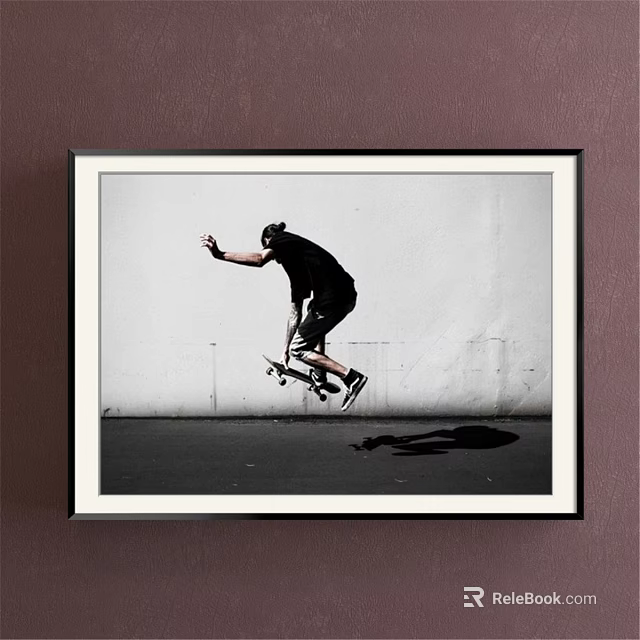 Framed Black And White Painting Of Skateboarder Jumping Mid Air With Urban Background 3d model 