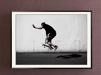 Framed Black And White Painting Of Skateboarder Jumping Mid Air With Urban Background 3d model