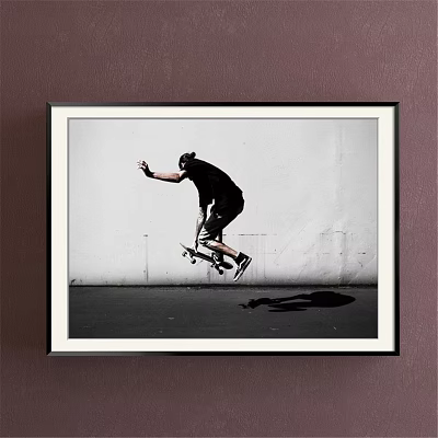 Framed Black And White Painting Of Skateboarder Jumping Mid Air With Urban Background 3d model