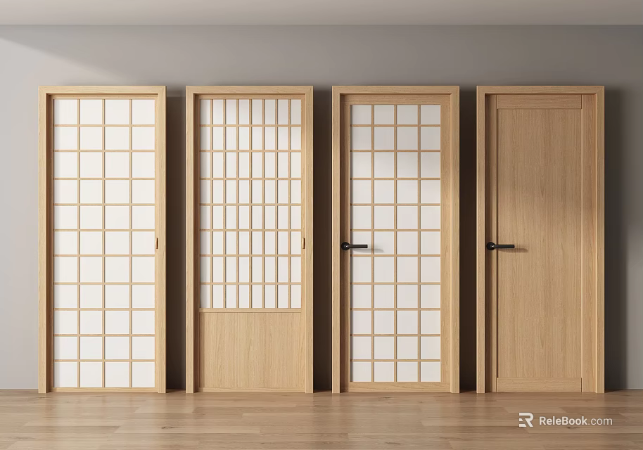Wooden Hinged Doors with Glass Grid Panels and Solid Panel Modern Interior Design 3d model