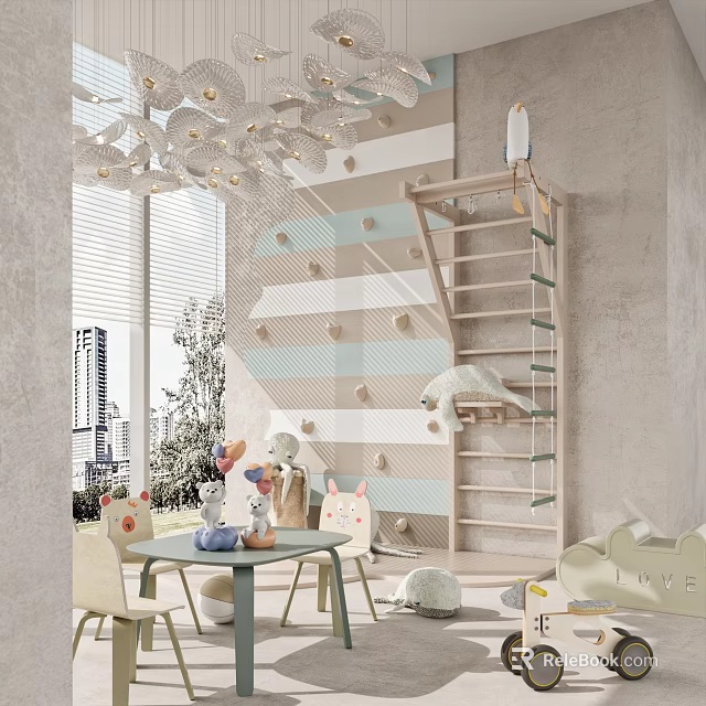 Kids Playroom Interior With Climbing Wall Ladder Toys Small Table Cloud Decor And Hanging Lights 3d model 