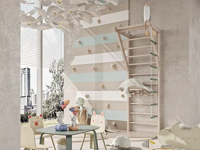 Kids Playroom Interior With Climbing Wall Ladder Toys Small Table Cloud Decor And Hanging Lights 3d model