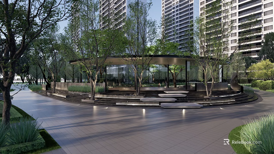 Modern Residential Landscape With High Rise Buildings Green Trees And Serene Pavilion Steps 3d model 