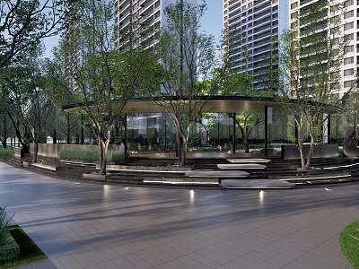 Modern Residential Landscape With High Rise Buildings Green Trees And Serene Pavilion Steps 3d model