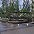 Modern Residential Landscape With High Rise Buildings Green Trees And Serene Pavilion Steps