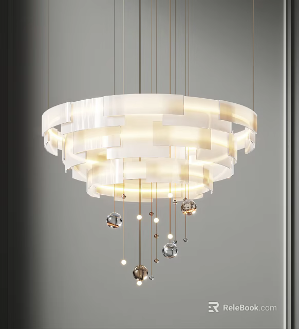 Modern Layered White Circular Chandelier With Hanging Metal Spheres and Small Lights 3d model 