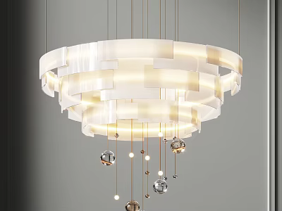 Modern Layered White Circular Chandelier With Hanging Metal Spheres and Small Lights 3d model