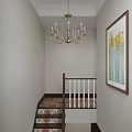 Tiled Staircase With Wooden Handrail In Interior Entryway Blue Tiled Floor And Potted Plant