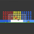 Soccer Field Scene With Green Turf Goal Net Goalkeeper Soccer Ball And Colorful Seats
