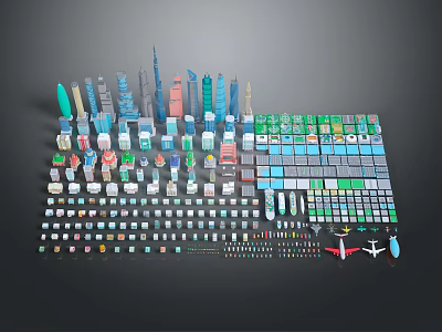Various Building Models Display Scene With Skyscrapers Different Colors Shapes And Miniature Structures 3d model