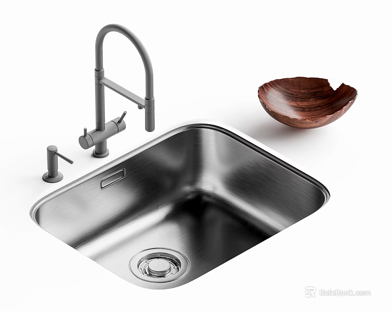 Stainless Steel Kitchen Sink With Faucet And Wooden Bowl 3d model 