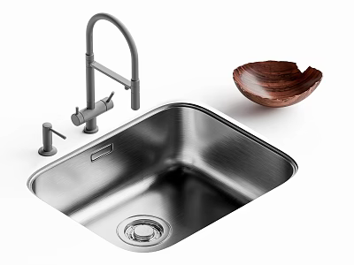Stainless Steel Kitchen Sink With Faucet And Wooden Bowl 3d model