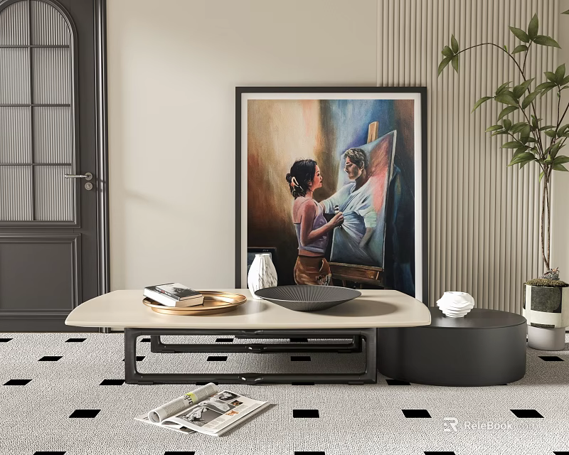 Modern Side Table With Tray On Checkered Rug Near Potted Plant And Artwork In Living Room 3d model 