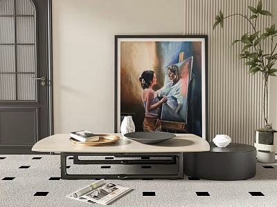 Modern Side Table With Tray On Checkered Rug Near Potted Plant And Artwork In Living Room 3d model