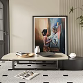 Modern Side Table With Tray On Checkered Rug Near Potted Plant And Artwork In Living Room