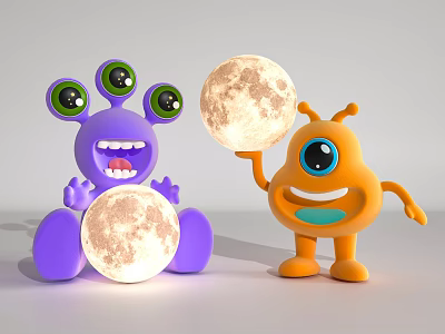Cute Purple and Orange Cartoon Monster Table Lamps with Glowing Spheres Design 3d model