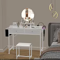 White Dressing Table With Round Mirror Drawers Stool Hair Dryer And Cosmetics In Bedroom