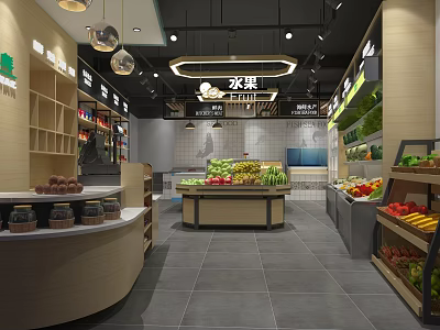 Modern Supermarket Interior With Fresh Fruits Vegetables Display Counters And Shelves 3d model