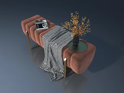 Modern Swing Door Design With Brown Bench Camera And Vase Decor 3d model