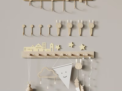 Wooden Decorative Wall Hooks With Star House Shapes Hanging Cloud Flag And Smiley Ornaments 3d model