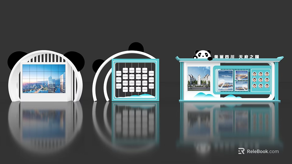 Modern Exhibition Booth Background With Curved Structure Blue Frame Display Screens And 3d model 