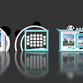 Modern Exhibition Booth Background With Curved Structure Blue Frame Display Screens And