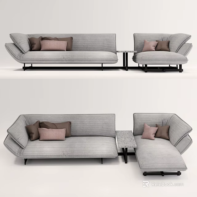 Modern Multi Seater Sofa In Gray Fabric With Pink Brown Cushions And Side Table 3d model 
